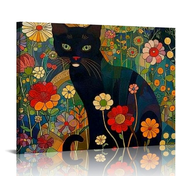 Acheng Cat Art Print, Gustav Klimt Black Cat In A Garden,Black Cat Art, Floral Print, Funny Cat print, Funny gift, Home decor Poster,Canvas Wall Art 20x16in