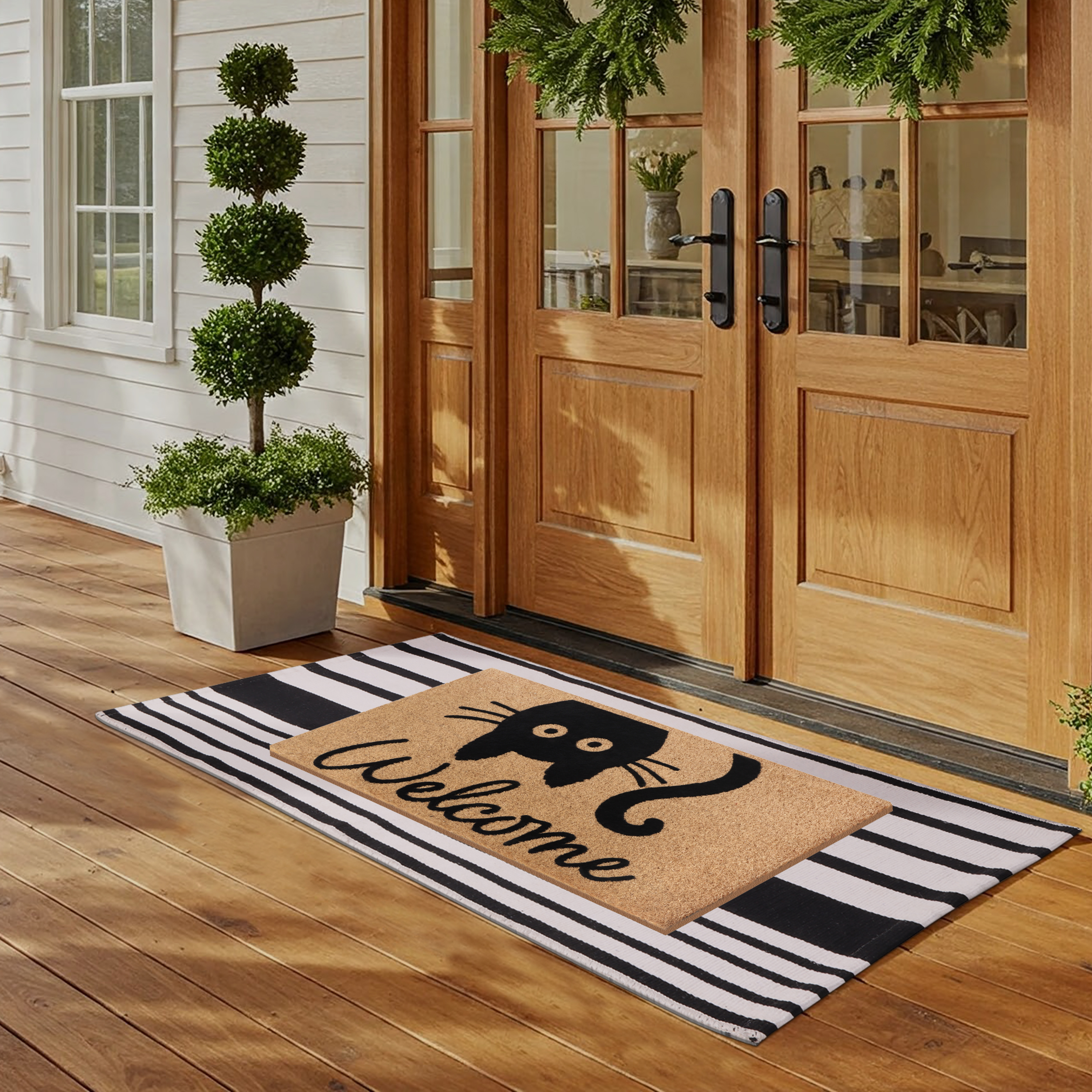 A1HC Coir Welcome Mat and Black & White Striped Cotton Rug Combo Set, 24"x36" & 24"x51", Hand-Woven Washable Entryway Décor