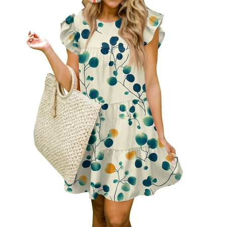 Dress Shirts For Women  Smocked Dress Babydoll Flower Casual Round Neck Ruffle Sleeve Flowy Short Tunic Dress Bridal Black Denim Dress Midi Formal Women Evening Dresses Short (XXL  Light blue) ZMTing
