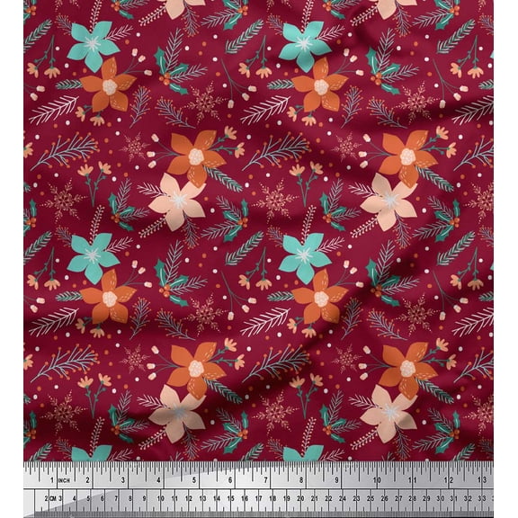 Soimoi Red Cotton Duck Fabric Snowflake,Leaves & Flower Floral Printed Fabric 1 Yard 42 Inch Wide