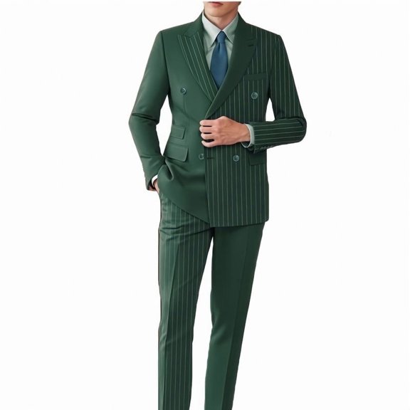 i.Finelong Fashion business contrast - color peak lapel double - breasted striped men's suit set, suitable for business trips and wedding dinners.