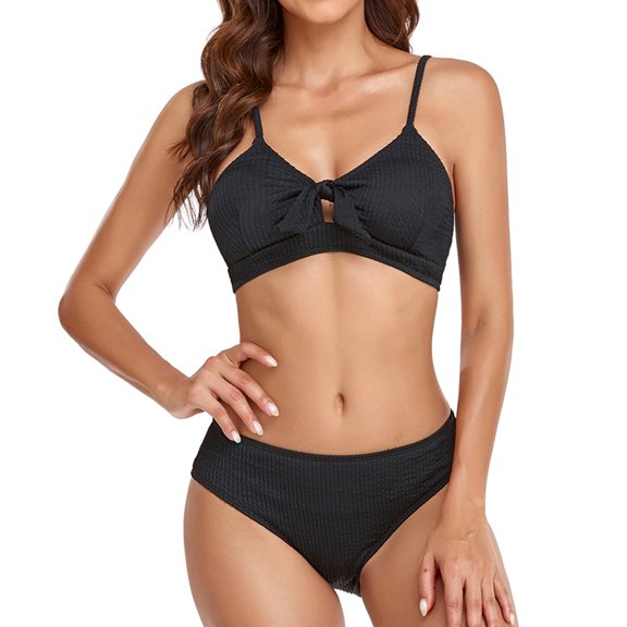 SWSMCLT Women's High Waisted Bikini Set Strappy Push Up Padded Keyhole Spaghetti Strap Swimwear Slimming 2 Piece Swimsuit V Neck Tie Knot Front Bathing Suit Black 4-6
