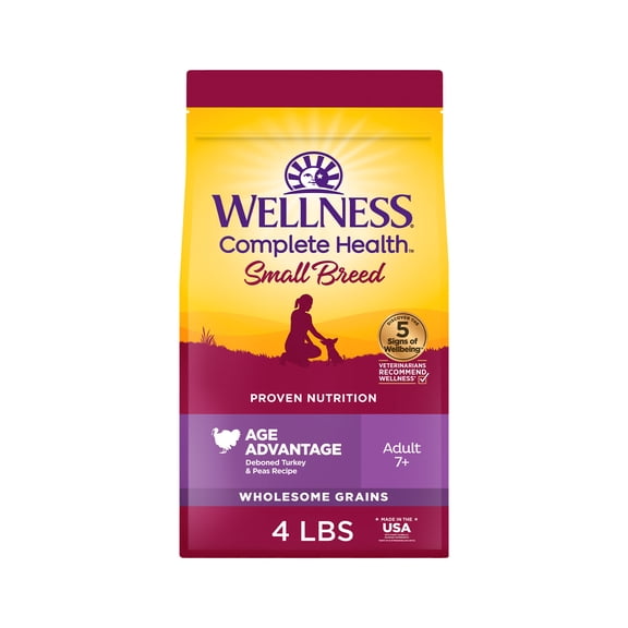 Wellness Complete Health Senior Dry Dog Food, Small Breed, Wholesome Grains, Natural, Age Advantage Turkey & Peas Recipe, (4-Pound Bag)