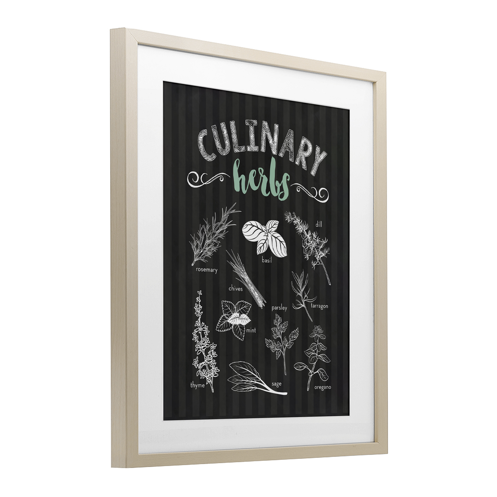 Culinary Herbs on Stripes Birch Framed Print Under Glass, design by Lettered and Lined