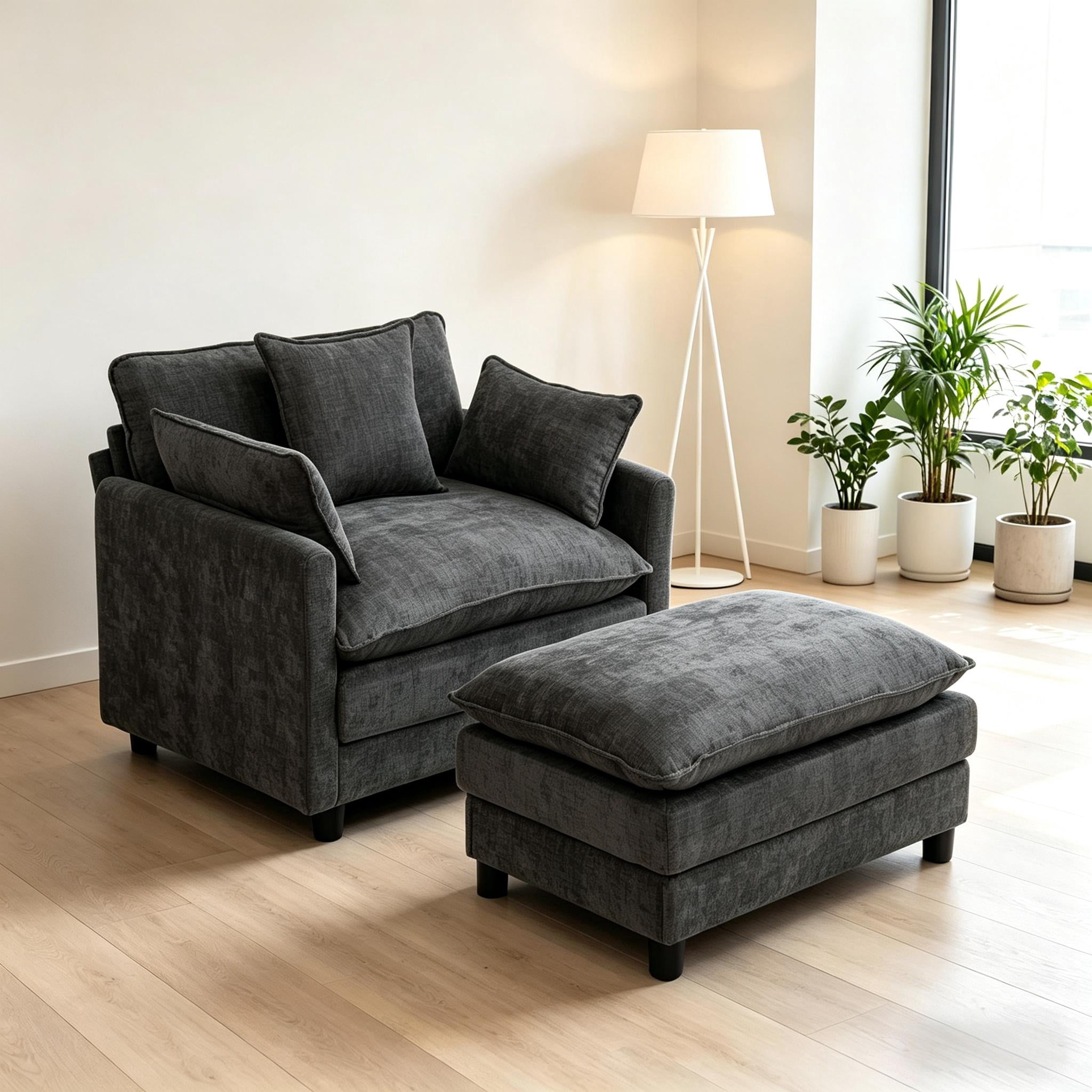 Howcool 39.4" Modern Chenille Accent Chair with Ottoman, Upholstered Club Armchair Reading Chair for Living Room Bedroom
