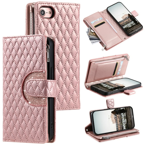 Crossbody for iPhone 7 / iPhone 8 / iPhone SE 2022 & 2020 Wallet Phone Case with Card Slots Zipper Pocket, Soft Elegant PU Leather Flip Stand Lanyard Wrist Strap Purse Cover for Women Girls, Rosegold
