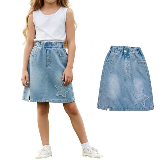 Jean Skirt Kids Elastic Waist Star Embroidered Denim Skirt Cute Jean Skirt Girls School Clothes Girl Skirt 9-10 Years