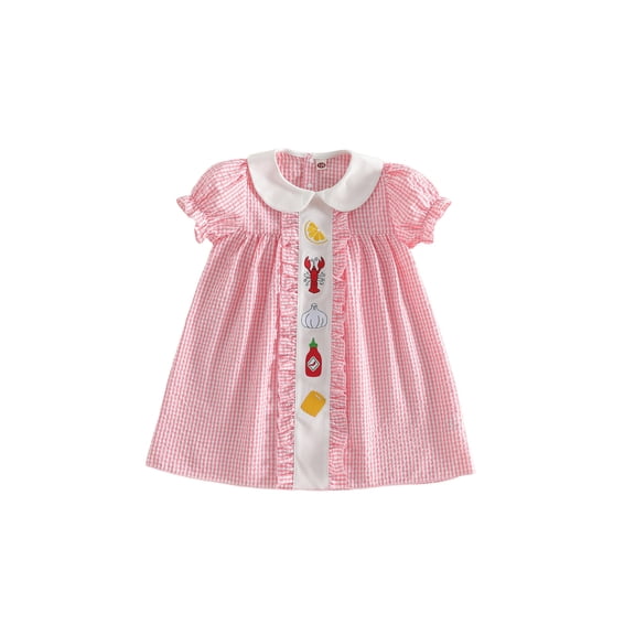 BemeyourBBs Kids Toddler Baby Girl Crawfish Dress Outfit Cute Lobster Embroidered Plaid Gingham Bubble Dress Short Sleeve Doll Collar Princess Dress Summer Clothes Party Casual Dress