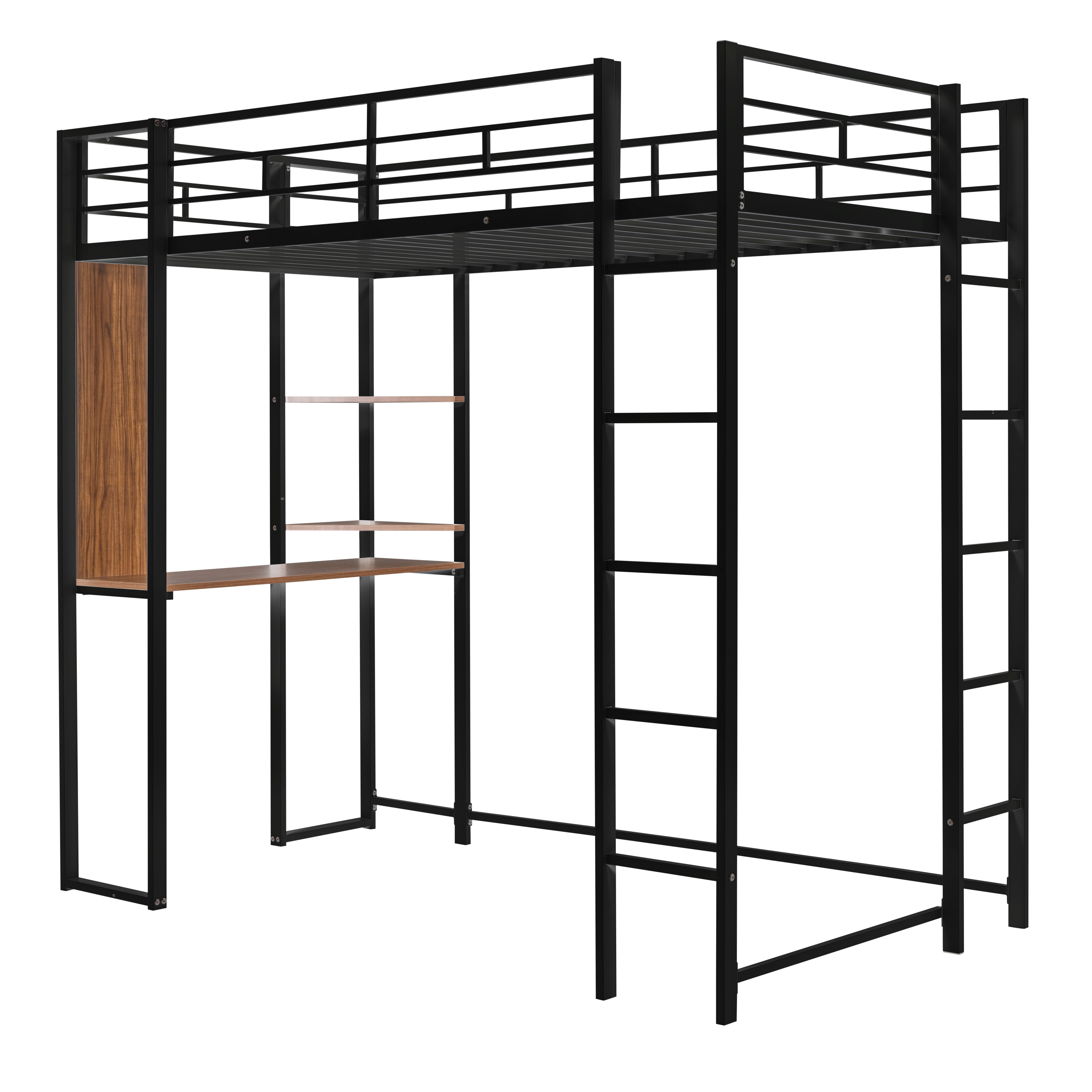 Gewnee Metal Twin Size Loft Bed with Desk, Two Shelves and Built-in 2 Ladders for Kids Teens,Black