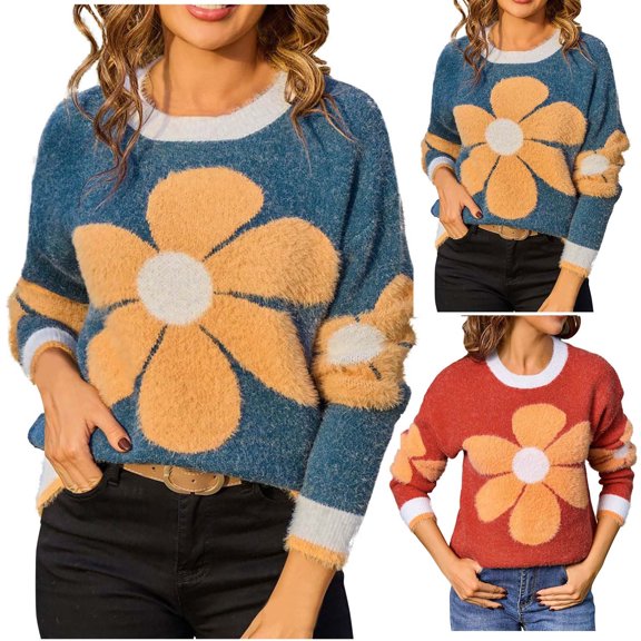 WRKEKC Women's Floral Print Knit Pullover Sweater Casual Crew Neck Long Sleeve Fall Tops Cozy Oversized Sweaters for Women Comfort