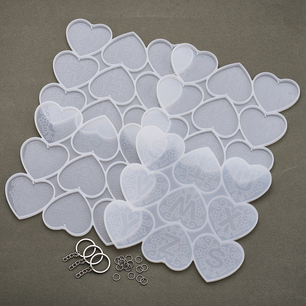 DIY Keychain Molds Making Including Resin Molds Iron Keychain Ring and 304 Stainless Steel Jump Rings For UV Resin Epoxy Resin Craft Making Heart with Mandala Letter Platinum 185x203x6mm