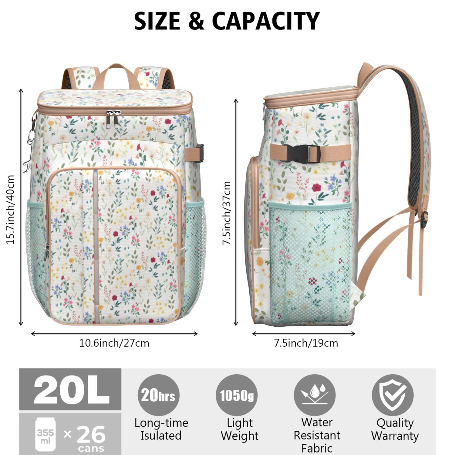 Travel Cooler Bag - Pioneer Flower Floral Print Pattern Camping Beer Cooler Backpack with Bottle Opener- Waterproof Insulated Picnic Backpacks - Cooler Bag for Beach