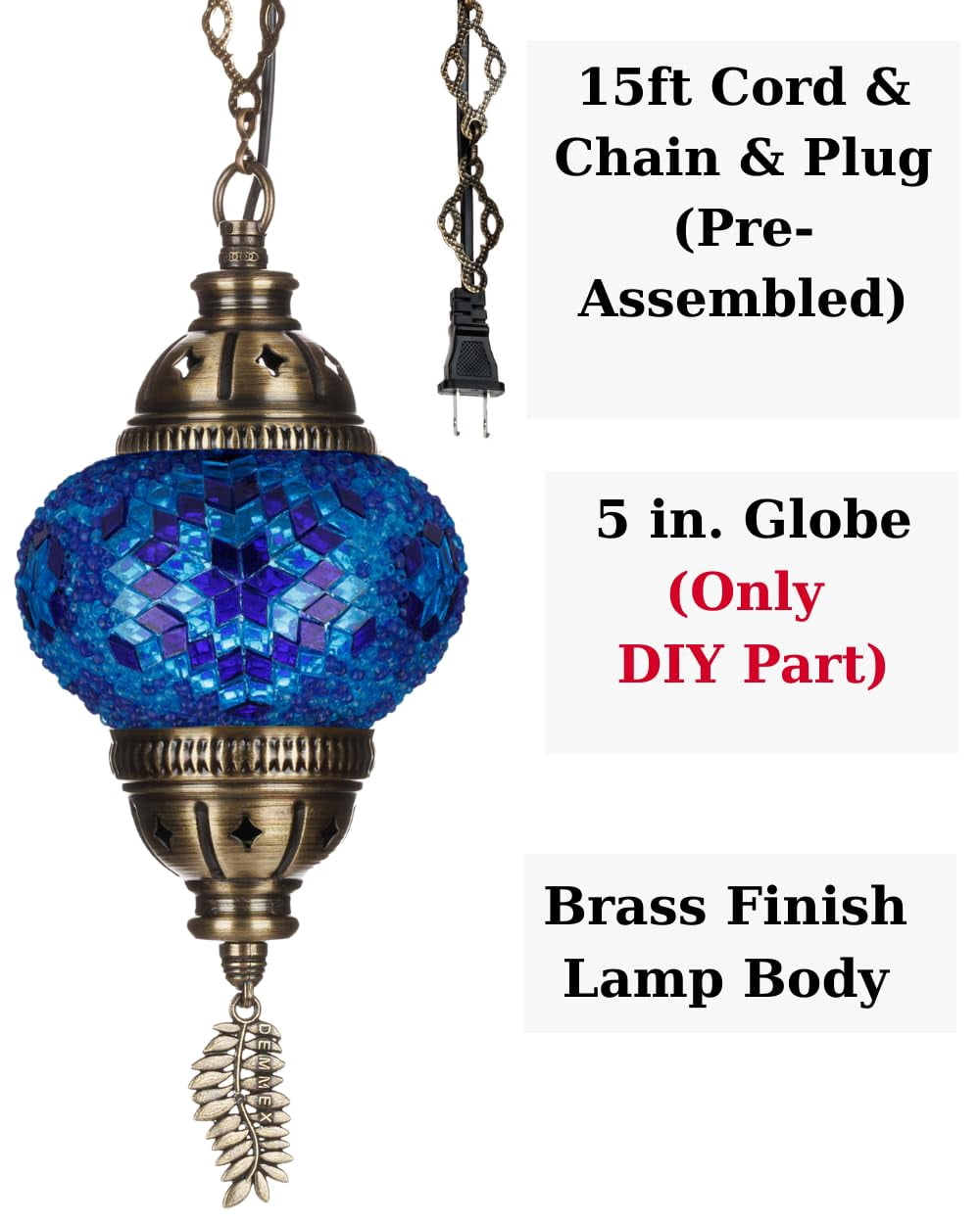 DEMMEX DIY Turkish Mosaic Plug-in Hanging Lamp Kit – NO Grout or Plaster, Beginner-Friendly – Complete Tiffany Mosaic Glass Light-Making Craft Project Kit for Adults and Teens (Blue)