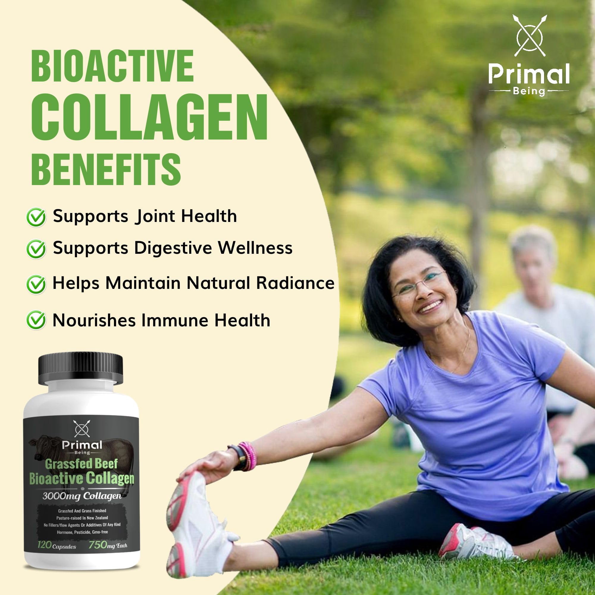 Primal Being Grassfed Beef Cartilage Collagen (Type I-V & XI)- Supports Hair, Skin, Nails, Joint Health, Immunity, Digestion, Post Exercise Recovery - 120 Capsules, 3000 mg per Serving