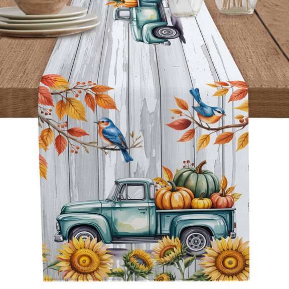 nqOlkjepod Fall Green Truck Table Runner 48 Inches Long Farmhouse Dress Scarves, Thanksgiving Pumpkin Sunflower Leaf Wood Dining Tablerunner for Coffee Table/Kitchen Island/Party Décor, 13" x 48"