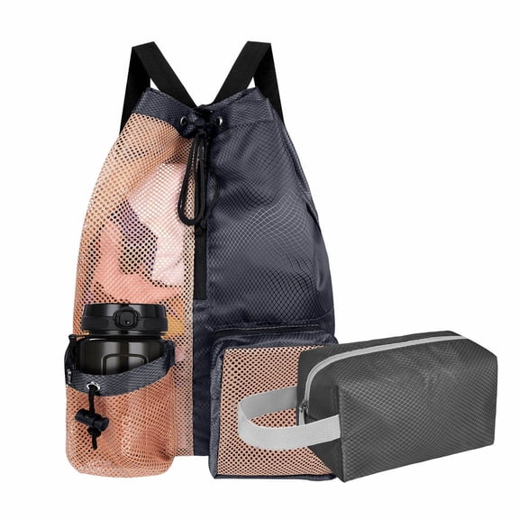 URSOFINE Sports Backpack with Wet & Toiletry Bags, 17" Breathable Mesh Drawstring Gym Bag for Men Women, Daypack for Swimming, Basketball, Beach, Workout, Hiking & Travel