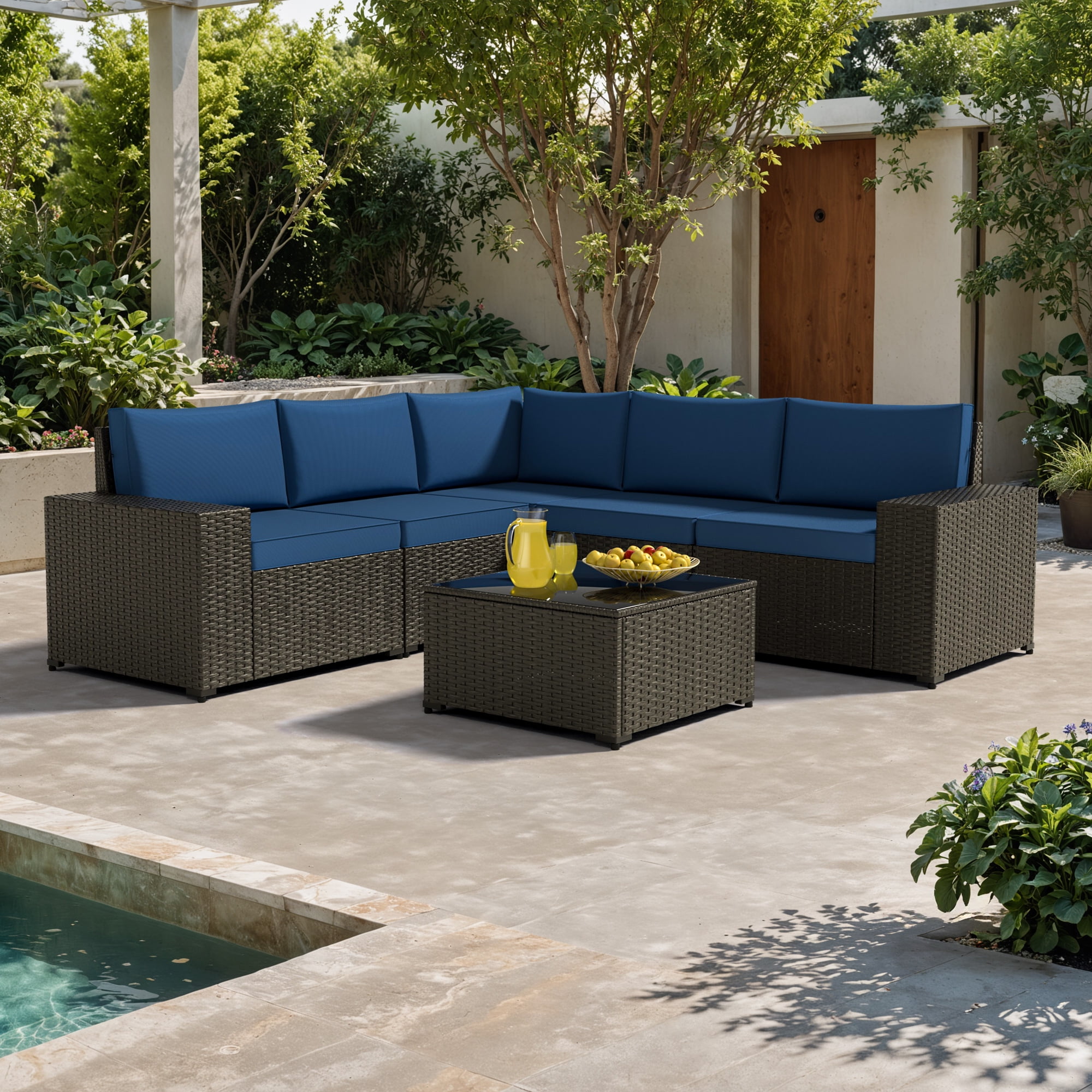 GOJOOASIS 6 Pieces Patio Furniture Set Outdoor PE Wicker Rattan Sectional Conversation Sofa,Blue