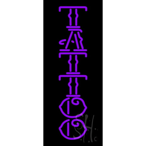 Vertical Purple Tattoo LED Neon Sign 32" Tall x 13" Wide - inches Black Square Cut Acrylic Backing, with Dimmer - Premium built indoor Sign for Storefront, Store interior, Workshop, Studio.