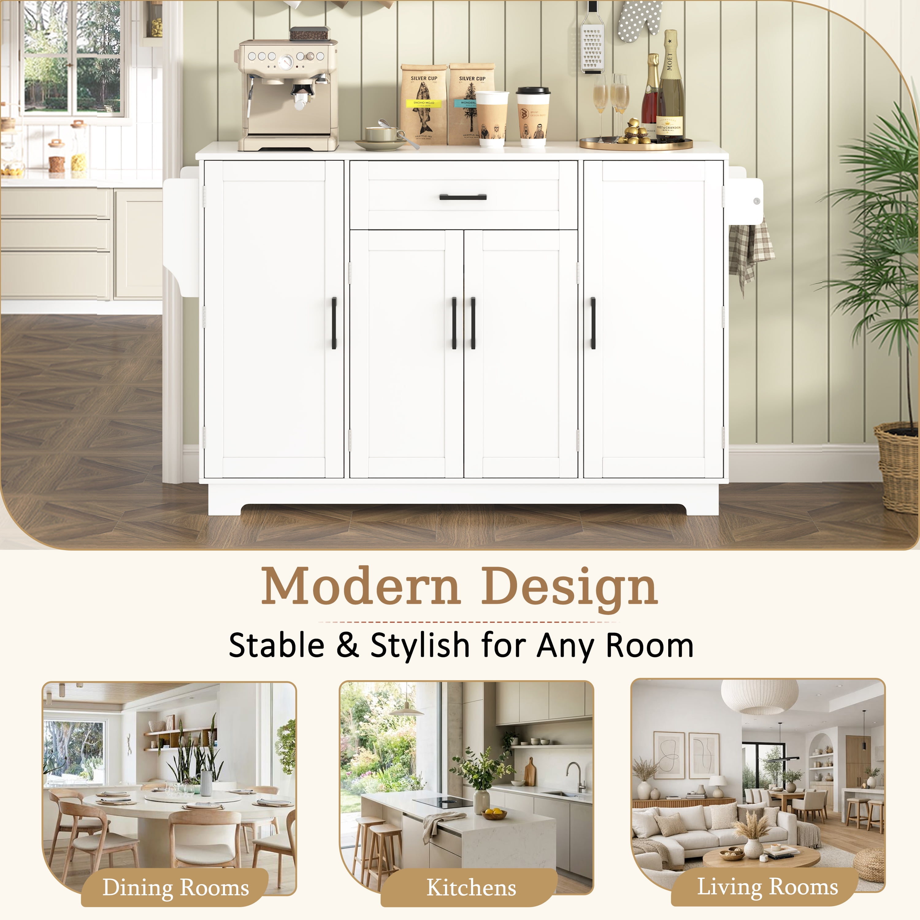 54.3" Sideboard Buffet Cabinet with Storage, 4 Doors & 1 Drawer, Kitchen Storage with Adjustable Shelves, Aluminum Alloy Handles, Side Shelves & Hanging Rod for Dining Room
