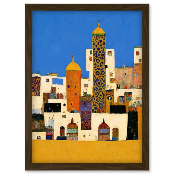 Moroccan Cityscape Buildings Klimt Style Bold Artwork Framed Wall Art Print A4