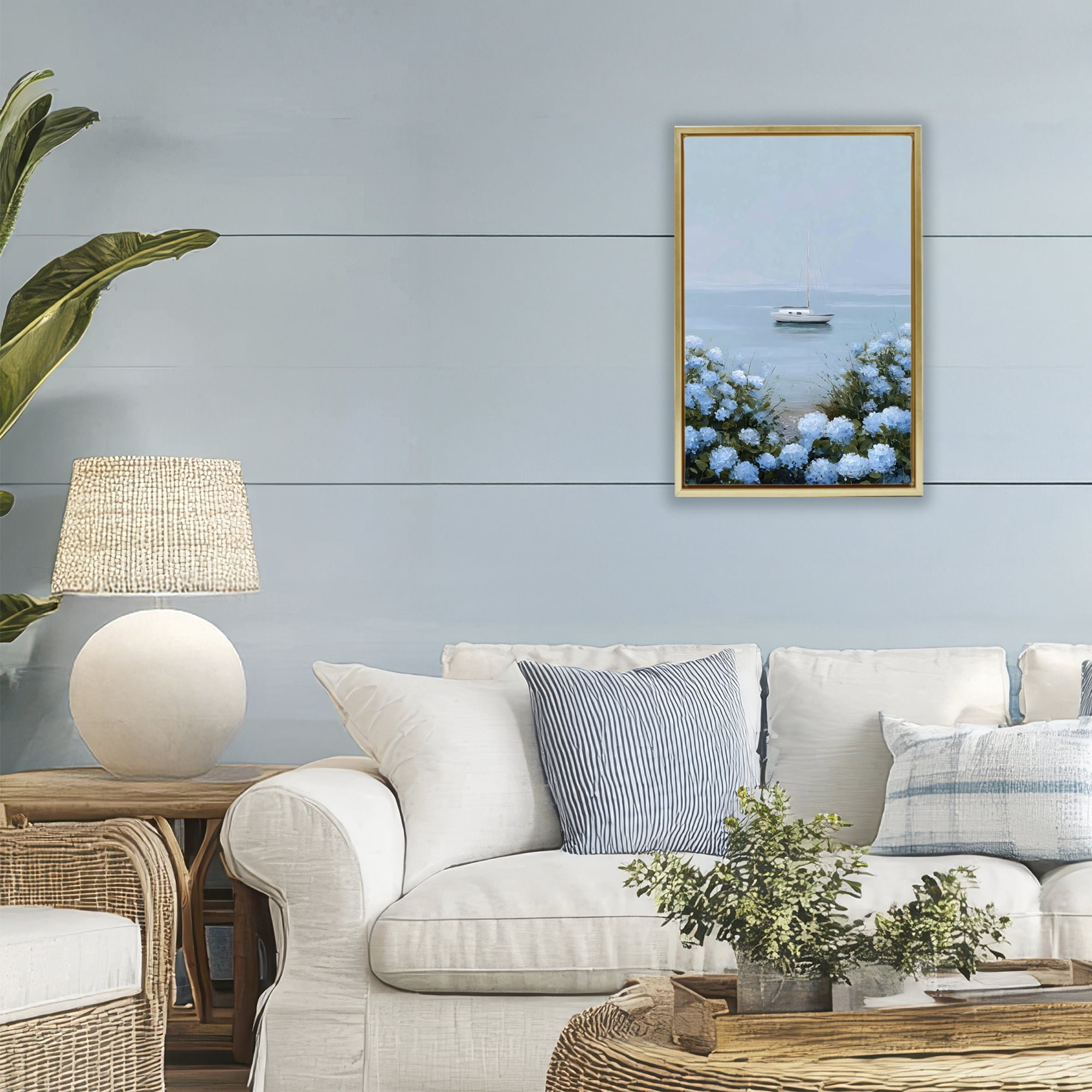 Stupell Industries Yacht in Floral Bay Gold Framed Floater Canvas Wall Art, design by Petal Prints Design