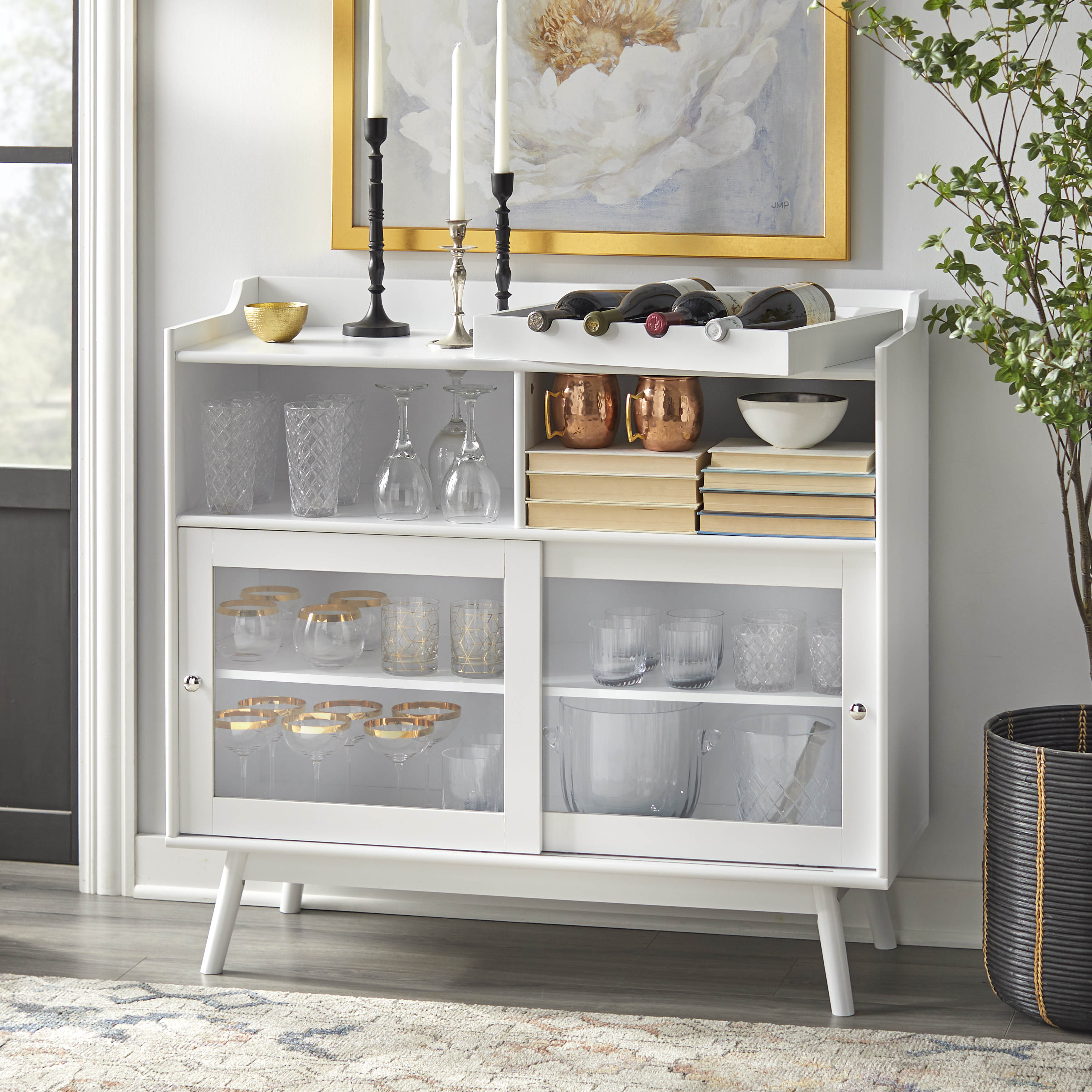 TMS Altura Bar Cabinet with Sliding Doors and Wine Rack, White