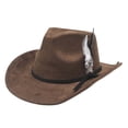 thumbnail image 2 of XIAOCHA Mens Feather‑Trim Cowboy Hat Solid Wide‑Brim Hat Rodeo Festival Hat,Brown, 2 of 4