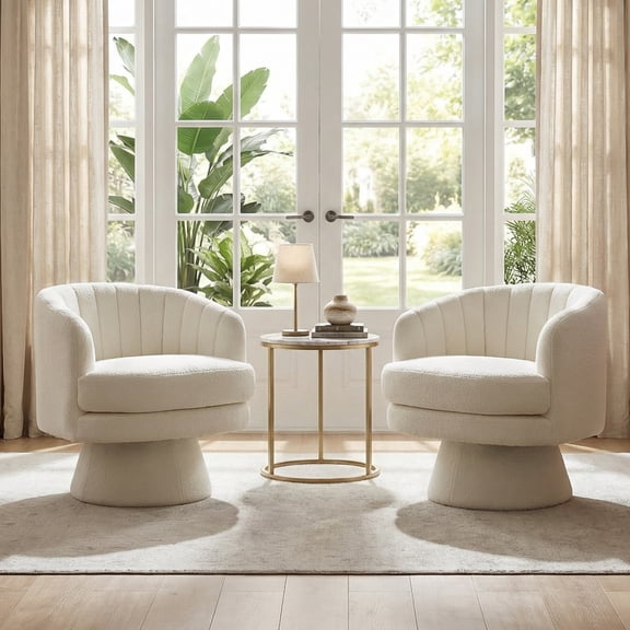 Bonzy Home 29" Swivel Chair, 360° Modern Barrel Rotating Sherpa Teddy Fabric Accent Chair with Curved Back, Plush Cushion & Armrests for Living Room, Bedroom, Beige(set of 2)