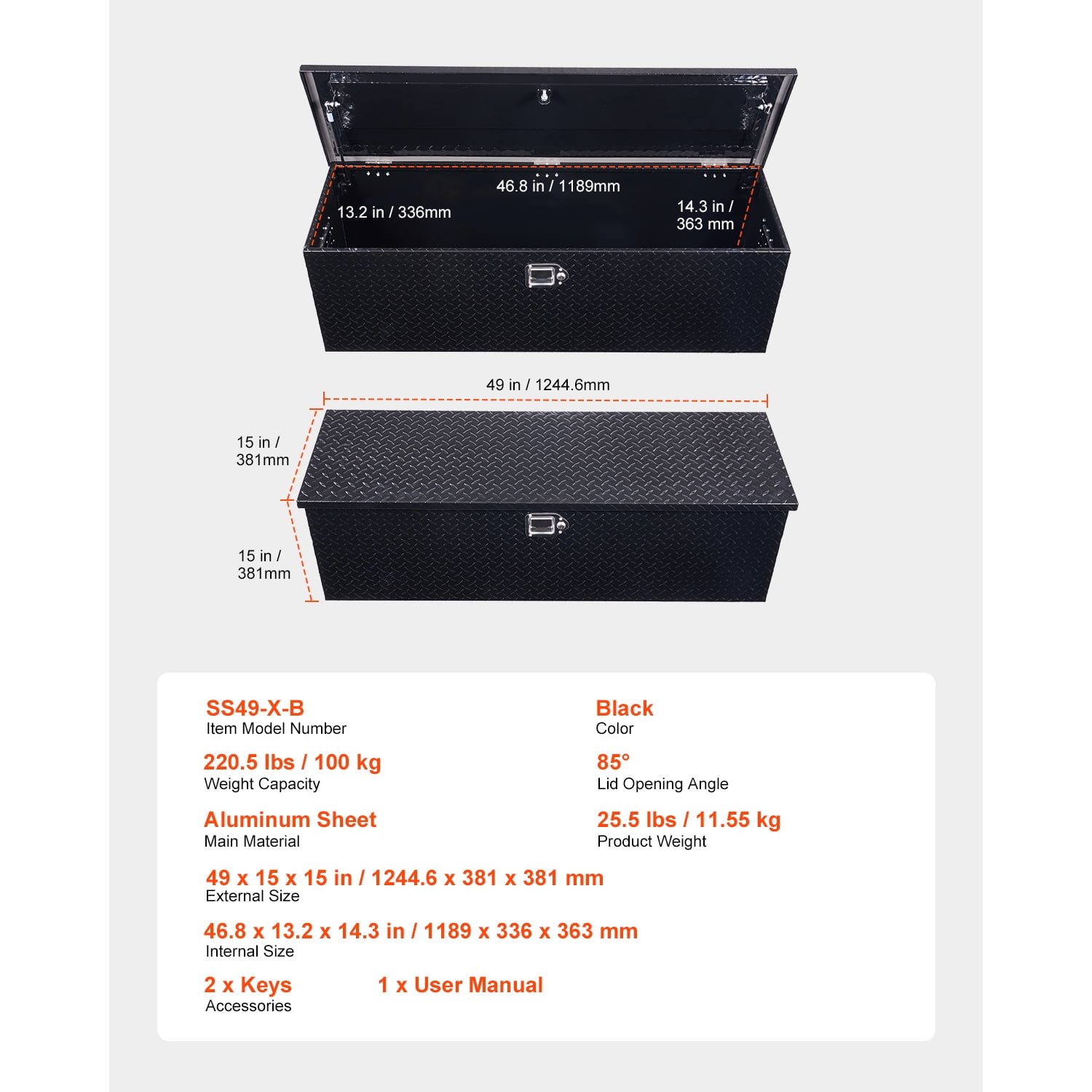 KFFKFF Heavy Duty Aluminum Truck Bed Tool Box, Diamond Pattern Storage Chest with Side Handles and Lock Keys, Organizer for Trailers, Pickups, Truck Beds, RVs, 49"x15"x15", Black