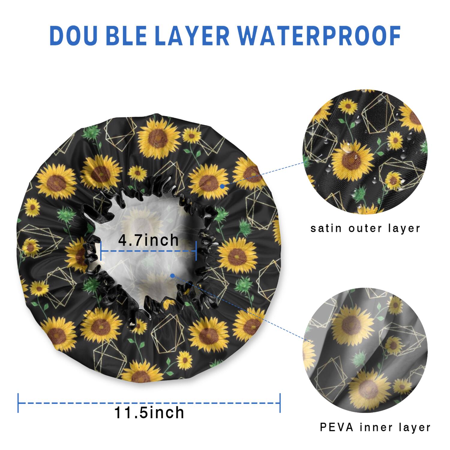 Shower Caps,Black Geometric Sunflower Pattern Waterproof Shower Cap for Women 4 Pieces,Double Reusable Hair Cover for Shower PEVA Elastic Stretch Hem