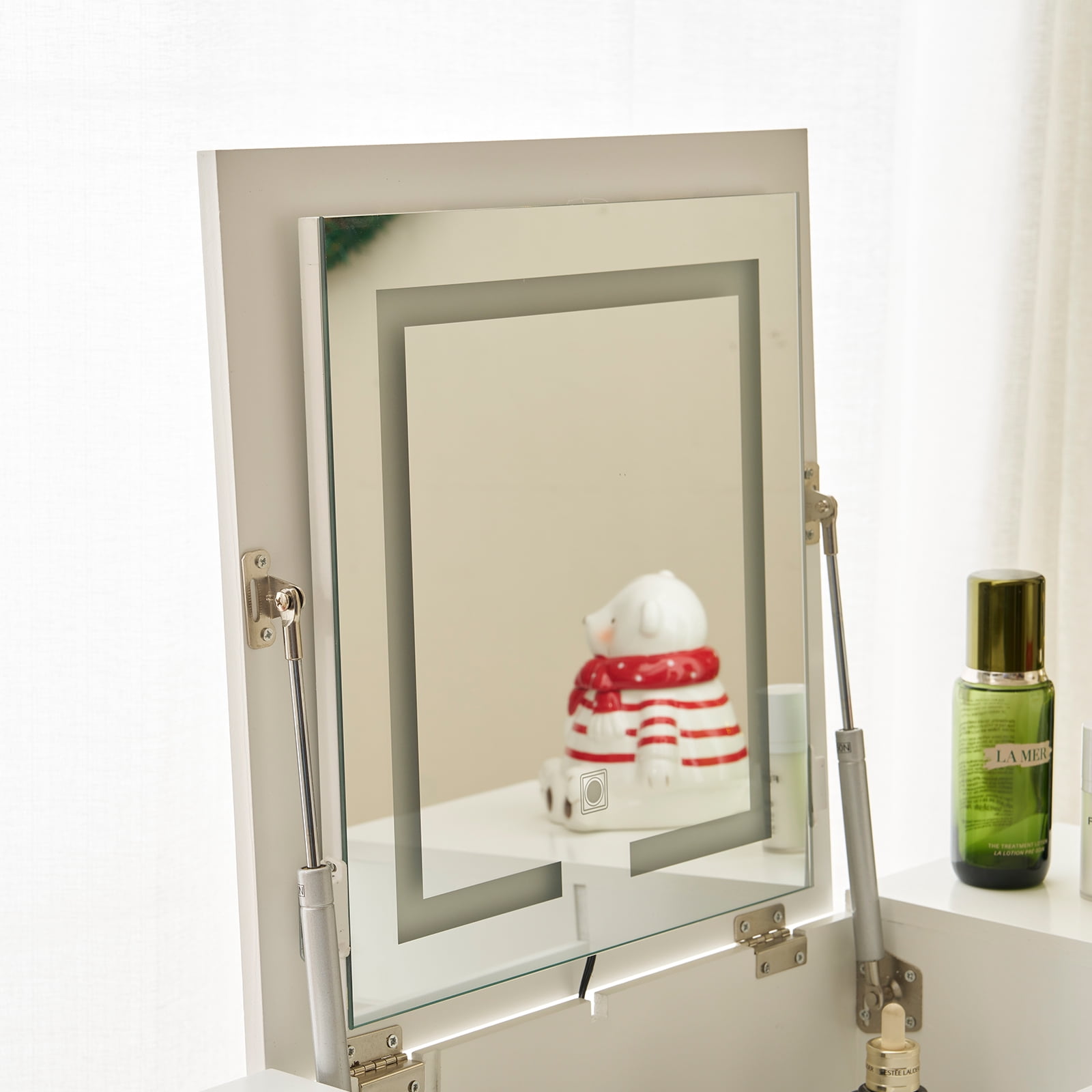 Ktaxon Lighted Makeup Vanity Table Set,Flip-top Mirror Dressing Table with LED Light, Writing Desk with Drawer and Stool, White