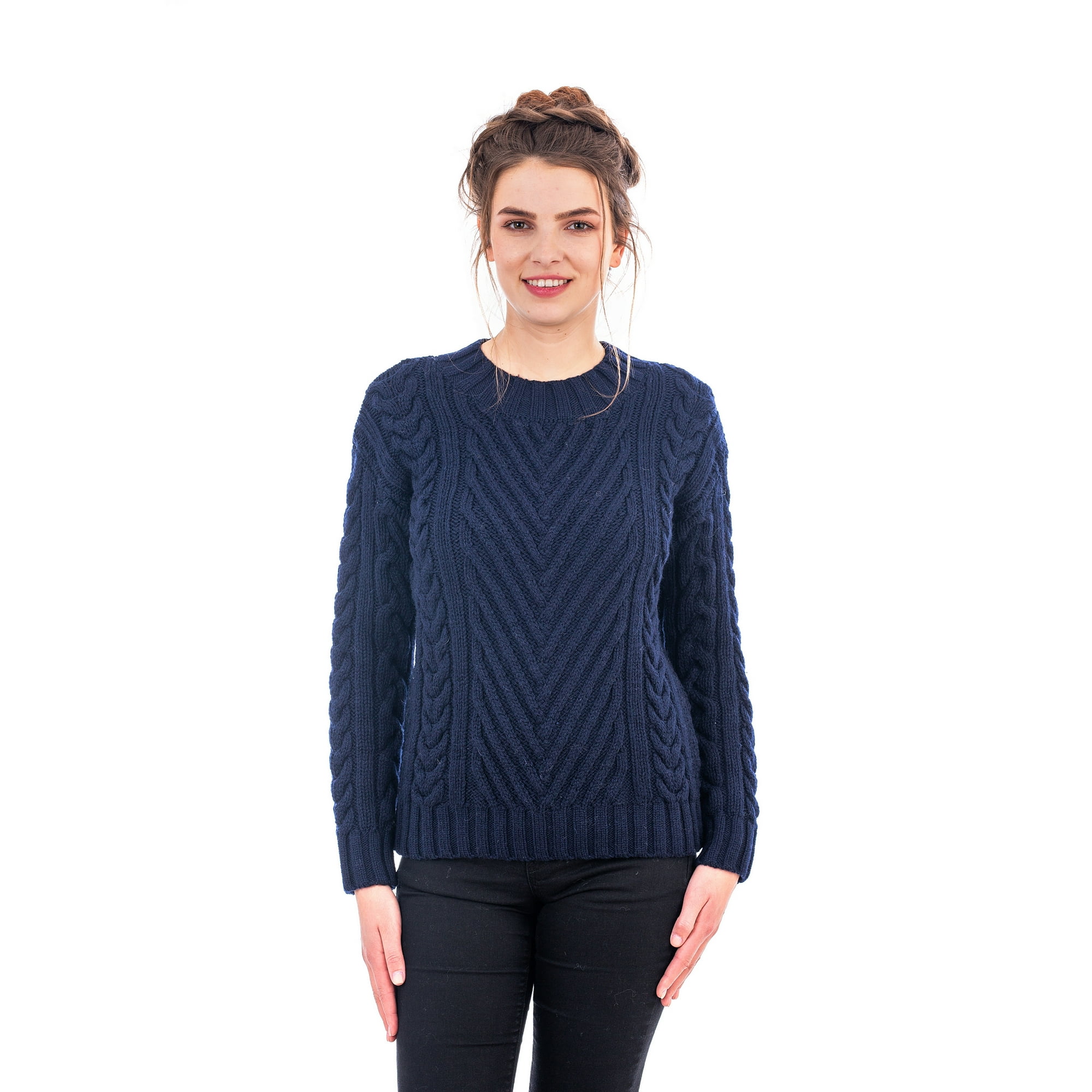 SAOL Traditional Irish 100 Merino Wool Warm Ladies Ribbed Aran Cable Sweater