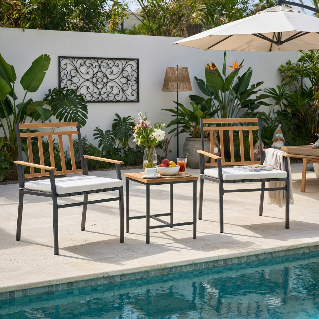 Hommoo 3-Piece Acacia Wood Outdoor Patio Conversation Set with Cushions, Sturdy Metal Frame, Ergonomic Chairs & Coffee Table for Backyard, Deck or Balcony, White