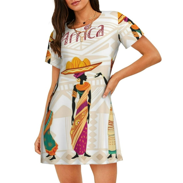 Saiise Chemise de Nuit à Manches Courtes Motif Femme Noire Africaine Col Rond Mignonne Robe de Nuit Confortable à Volants