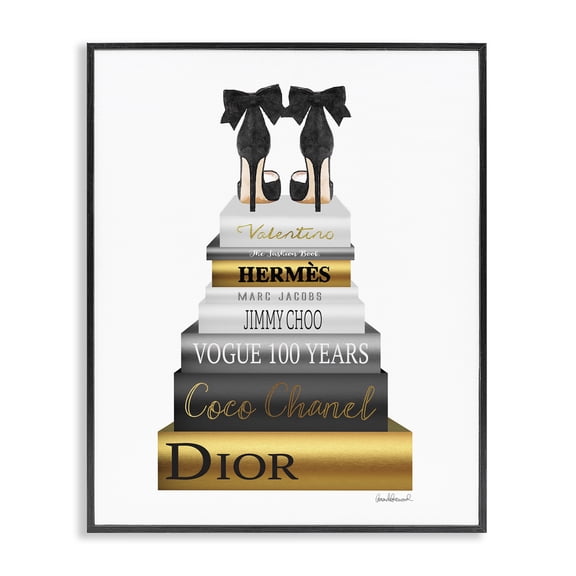 Stupell Industries Modern Fashion Designer Shoes Bookstack Black Gold Watercolor Black Framed Giclee Art, 16 x 20, by Amanda Greenwood