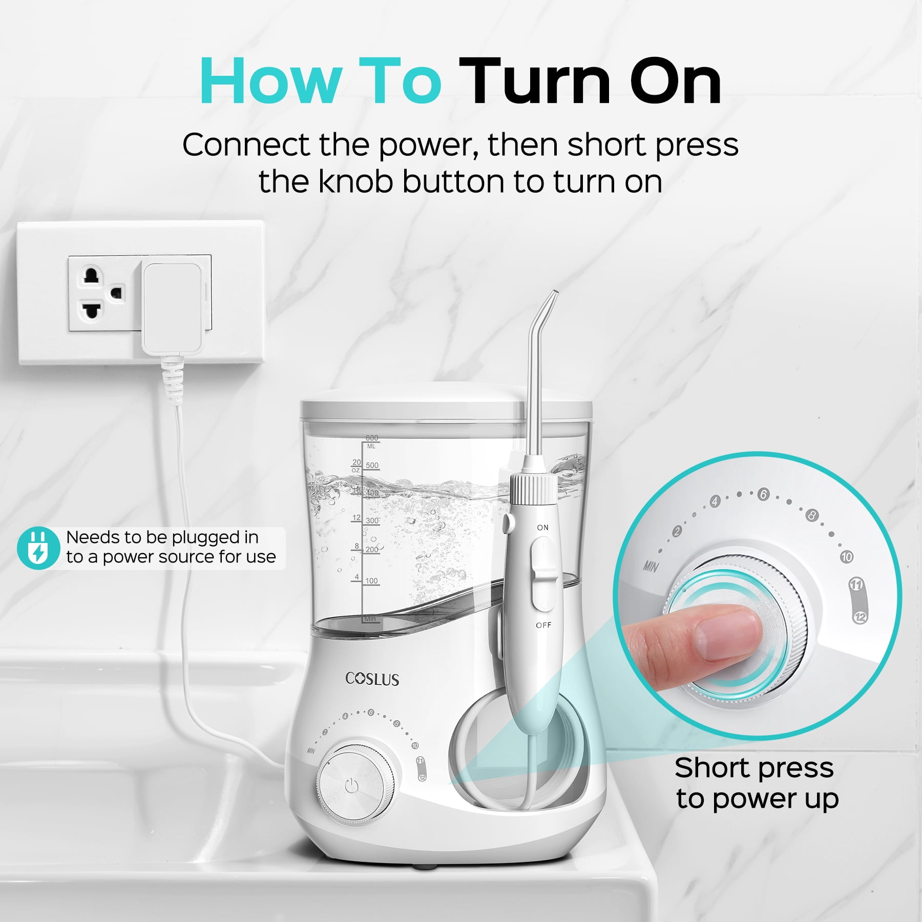 COSLUS Water Flosser for Teeth,Water Dental Flosser Pick for Teeth Cleaning and Flossing,600ML,12 Pressure Settings,for Family