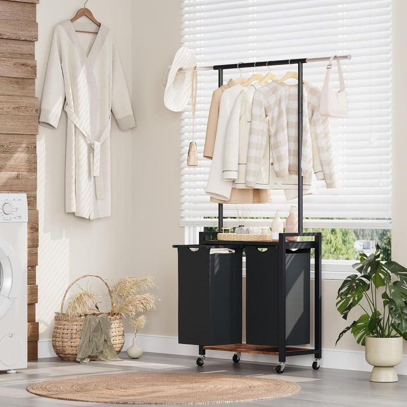 TROPOW 2 Section Laundry Sorter - Laundry Hamper with Wheels, Hanging Rack & Shelf, Rolling Clothes Storage Basket Organizer for Bedroom, Laundry Room