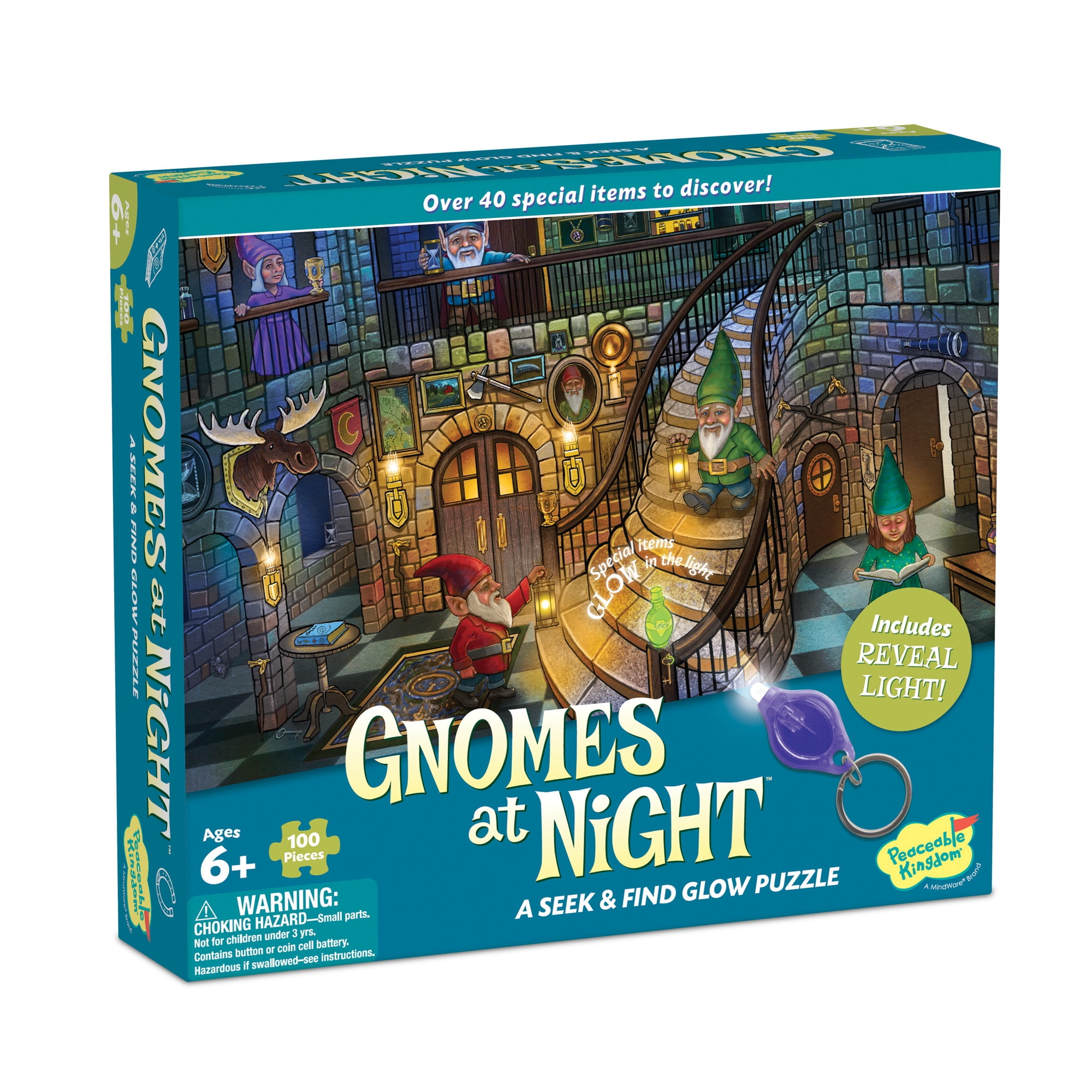 Peaceable Kingdom Gnomes at Night Puzzle, 100-Pc. Seek & Find Glow Puzzle for Kids Ages 6 & Up, Included Blacklight Reveals Hidden Items, Great for Home or Classrooms