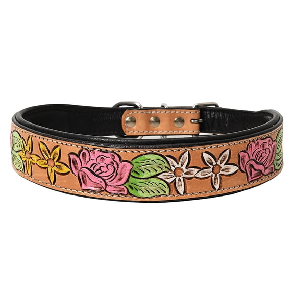 Xsl Hilason Western Floral Hand Painted Tooled Heavy Duty Genuine Leather Dog Collar