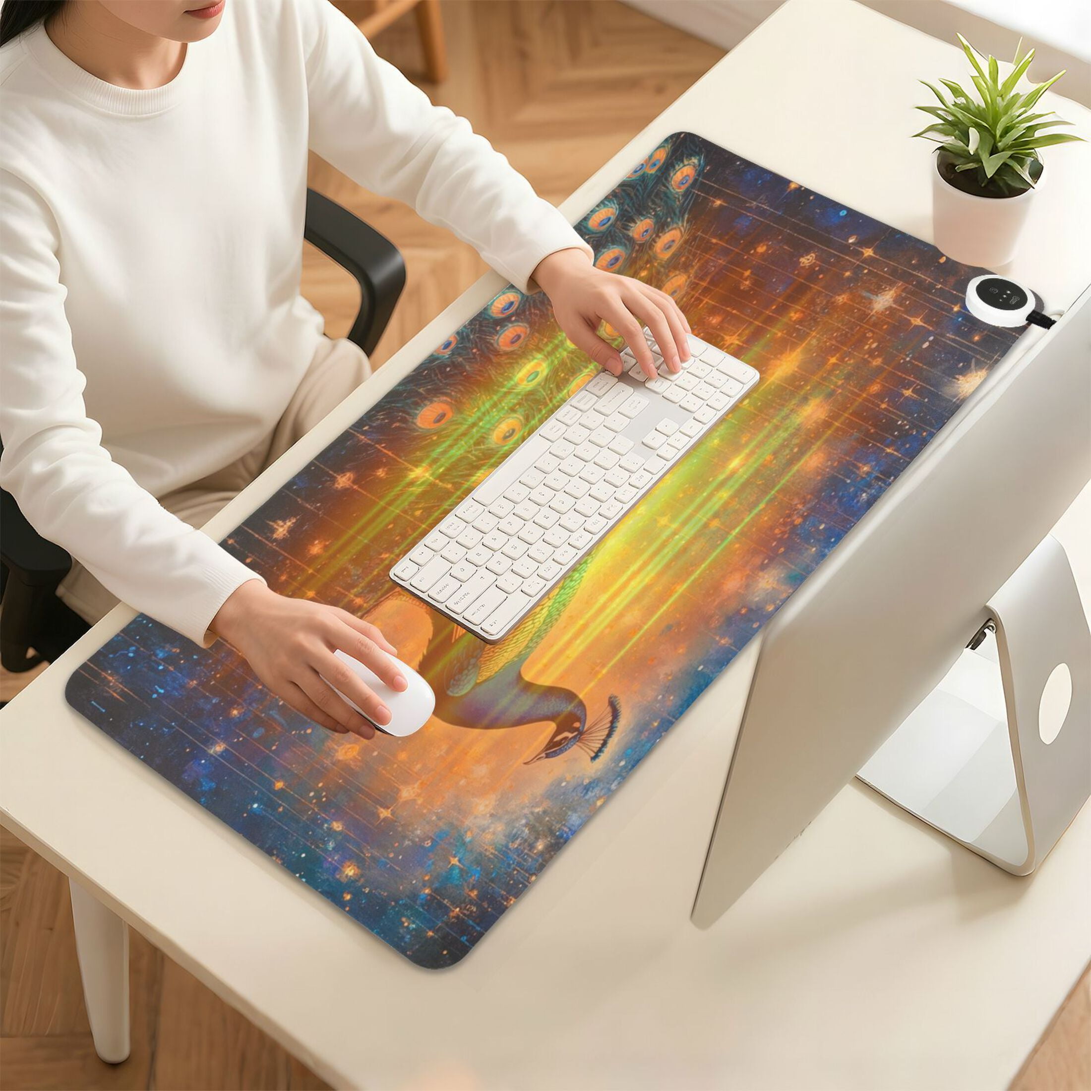 Wobogo Starry Peacock Heated Mouse Pad Extra-Large Desk Mat With 3 Heating Levels and 3-hour Auto Shut-Off Protection Ideal for Computer Keyboards Home Office Hand-warming Essential 31.5in × 13in