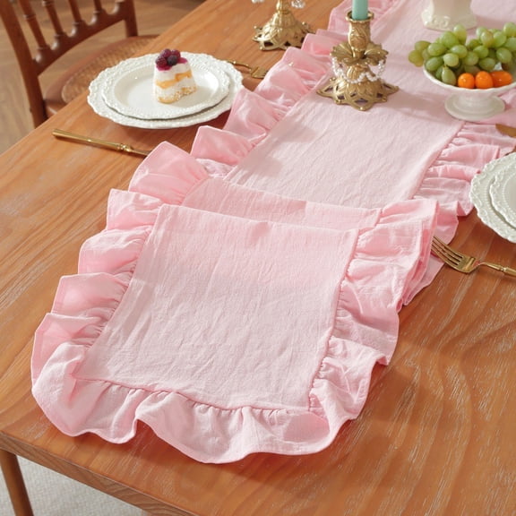 Zhuge 13.8" x 47" Pink Ruffle Edge Cotton Table Runner, Farmhouse Rustic Table Decor for Parties, Birthdays & Holiday Gatherings
