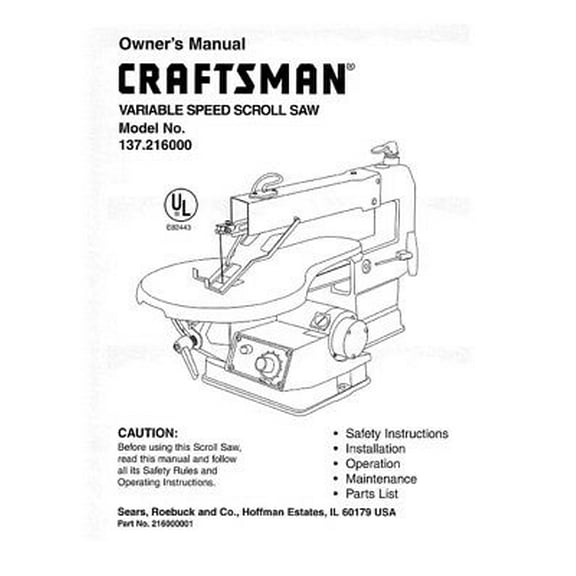 Instruction Manual ONLY for Craftsman 137.216000 Scroll Saw Owners Instruction Manual REPRINT