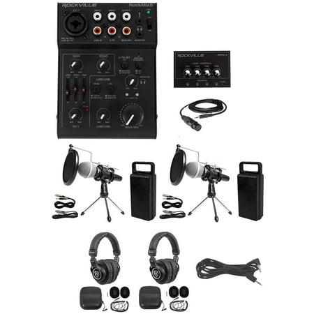 Rockville 2-Person Podcast Podcasting Recording Kit w/Mics+Stands+Headphones
