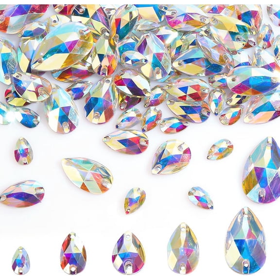 75 Pcs Glass Sew On Rhinestones 5 Sizes AB Flatback Teardrop Sewing Rhinestones 2 Hole Sewing Beads Decorations for DIY Crafts Clothes Dress Hats Shoes Hole: 1.6mm