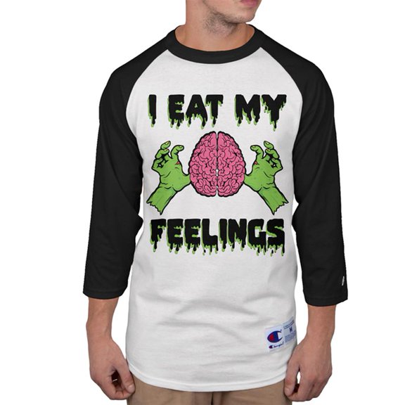 Halloween I Eat My Feelings Zombie Brain Mens Long Sleeve Raglan T Shirt White-Black SM
