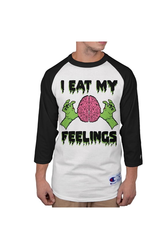 Halloween I Eat My Feelings Zombie Brain Mens Long Sleeve Raglan T Shirt White-Black SM