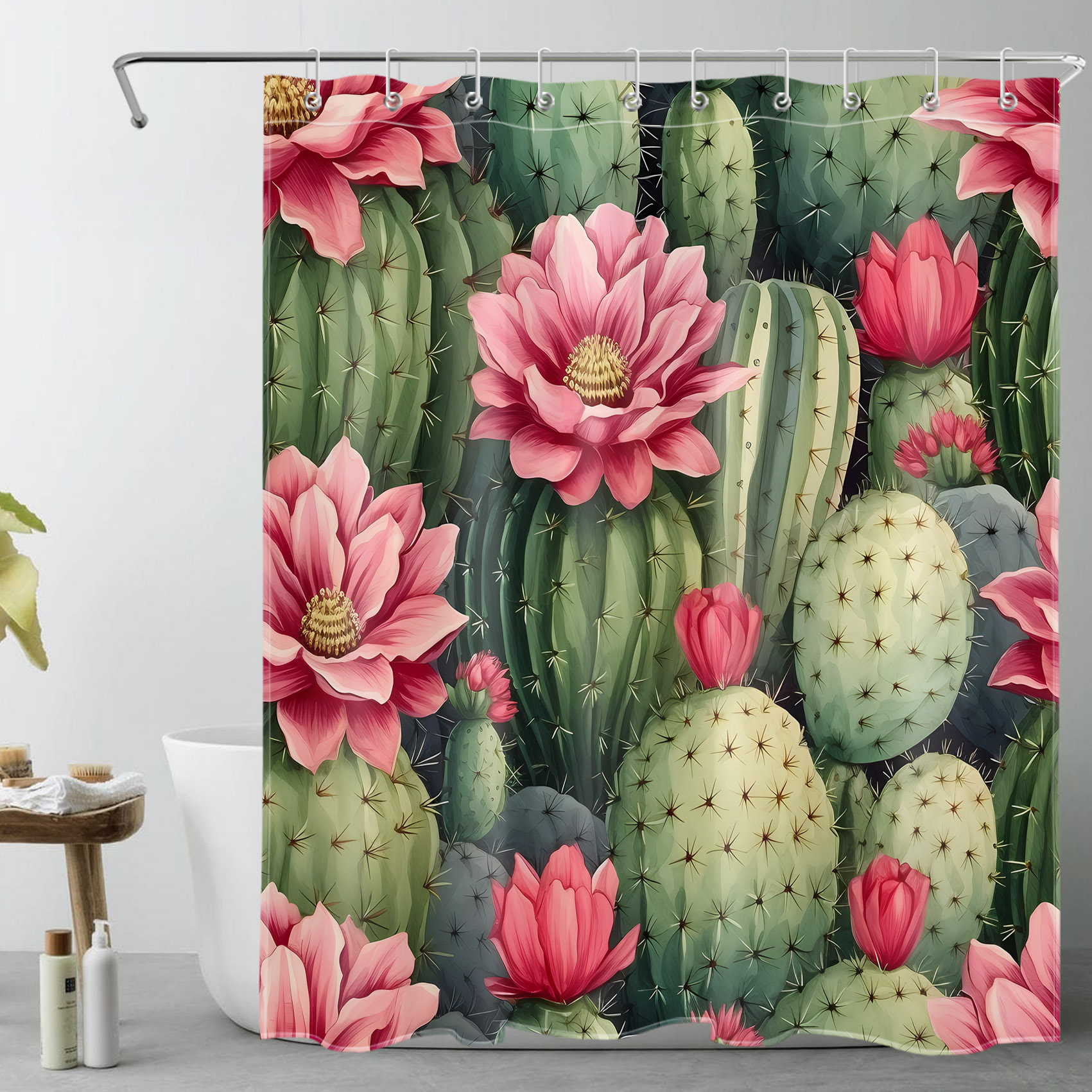 Cactus Shower Curtain Pink Floral Green Tropical Plant Bathroom Shower Curtain Watercolor Rustic Art Home Decor Waterproof Durable Shower Curtain Accessories with 10 Hooks 60x72 Inches