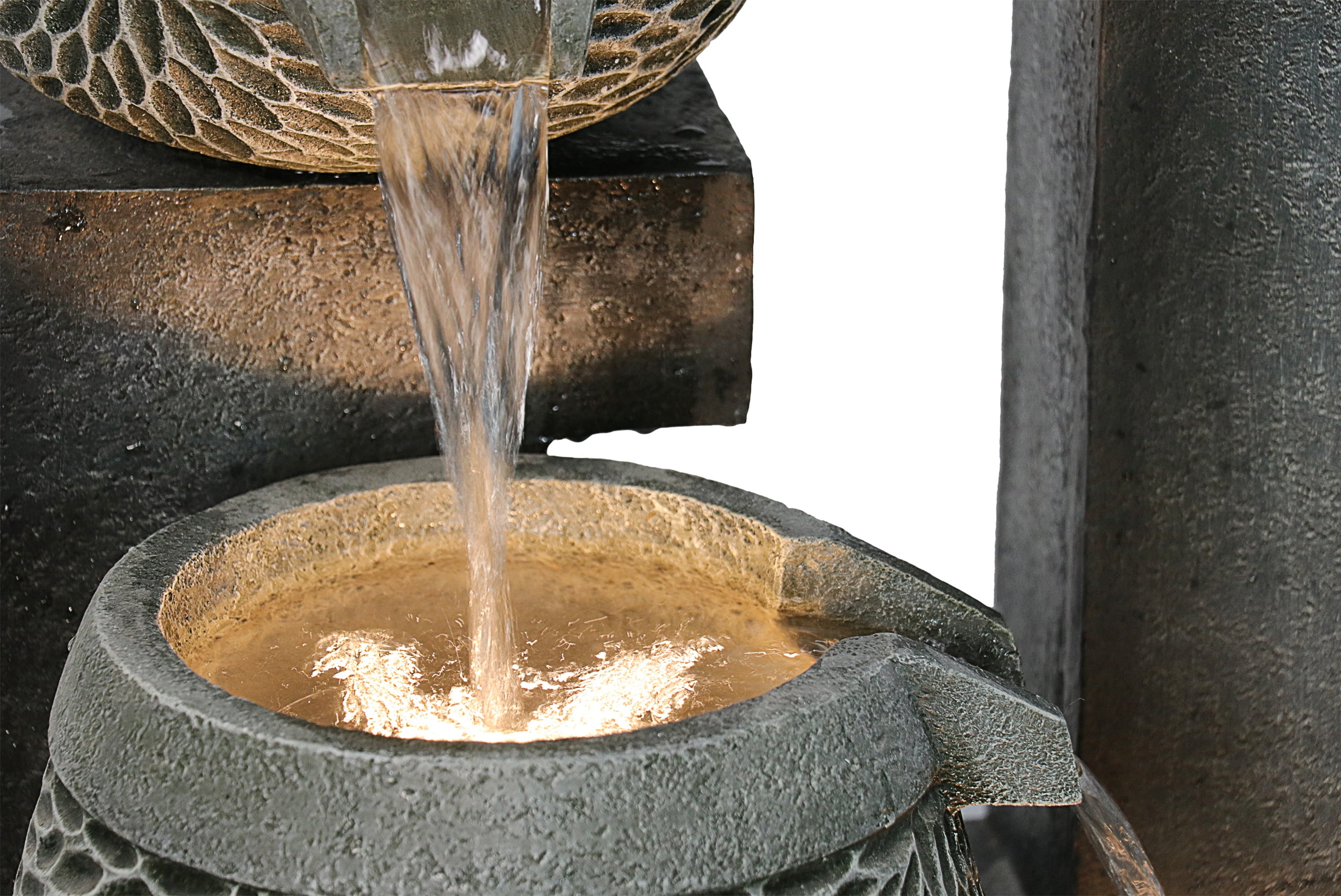 Hi-Line Gift 4 Tiers Modern Cascading Outdoor Water Fountain with Warm White LEDS, Gray