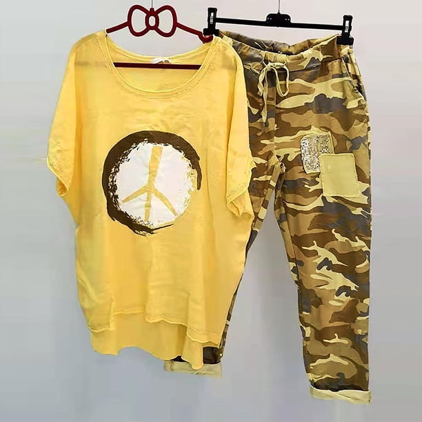 ICHUANYI Clearance Women's Print Crewneck Half Sleeve Pullover Shirt Tops + Pants Trousers Set(Yellow, XXL) ICHUANYI WER2023080704348