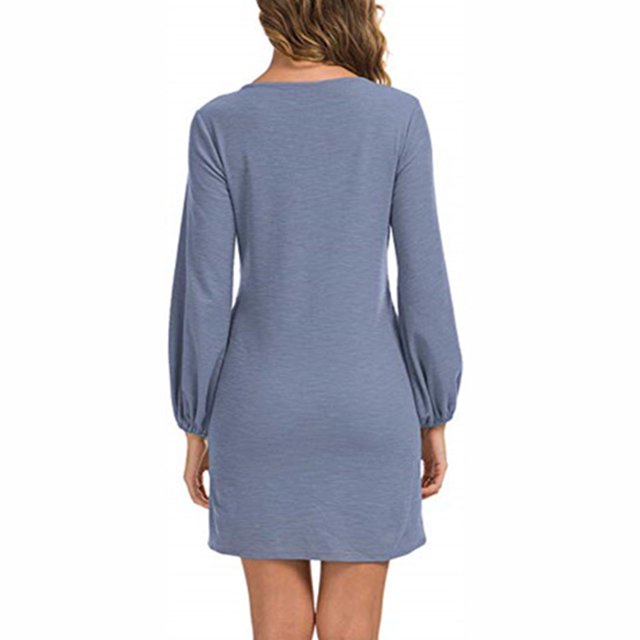 Vestido Corto De Manga Farol Larga, Cómodo Vestido De Cóctel Elástico Con Cuello Redondo Para Citas ANGGREK Celeste L